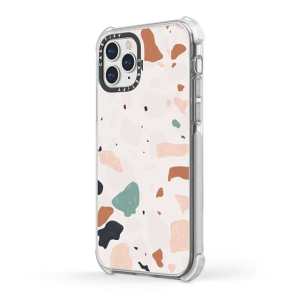 An iPhone 11 case featuring a bold, colourful terrazzo pattern printed in plastic.