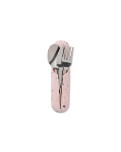 Set of silverware held in a silicone, terrazzo case