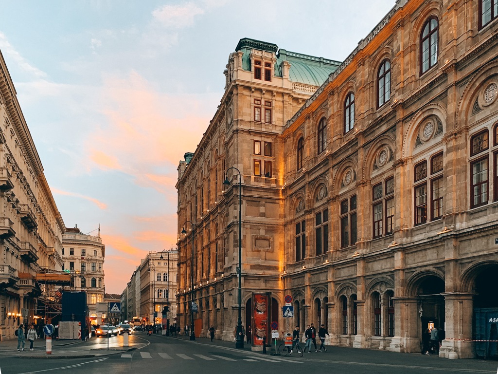 Vienna at sunset, looking down a pretty street.