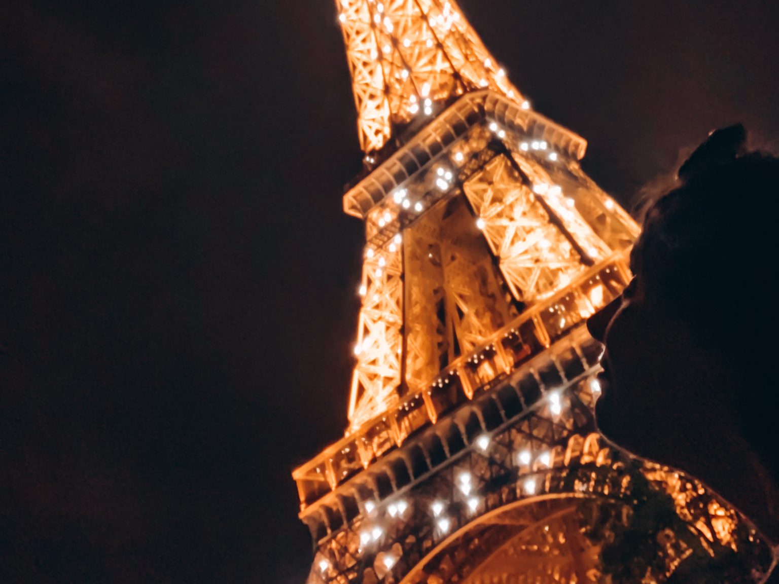 Face silhouetted by Eiffel Tower.