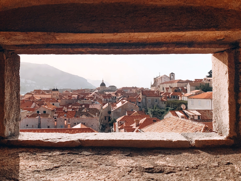 Looking through a stone window to Dubrovnik