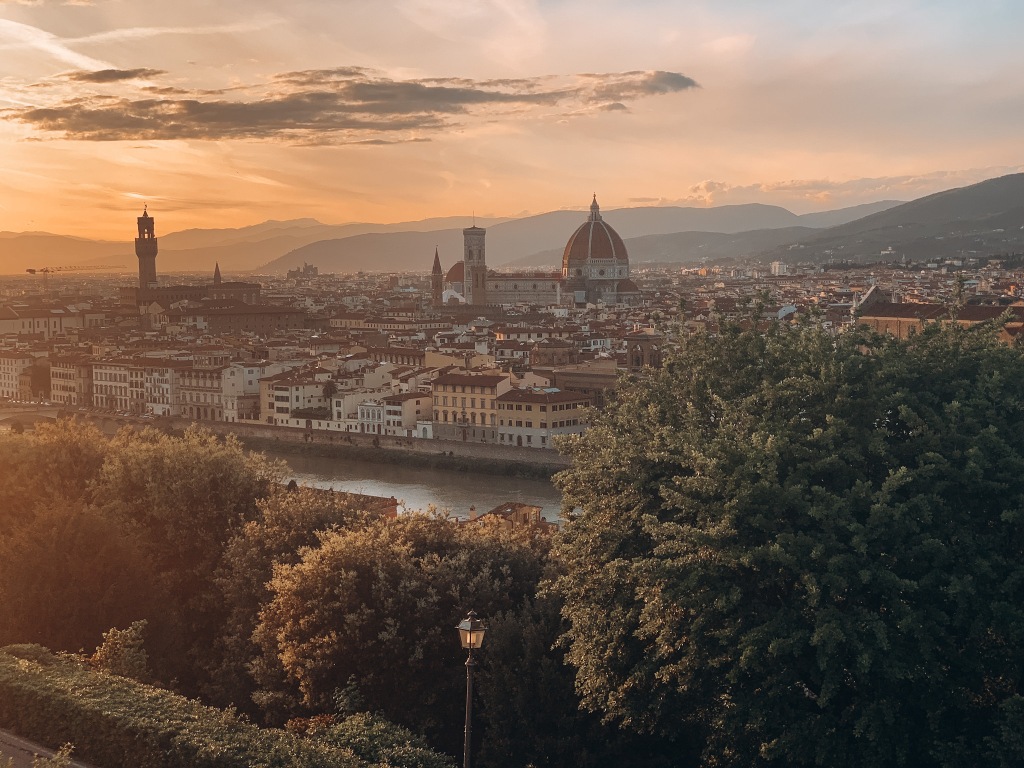 Sunset over Florence, Italy with a view of the Duomo.